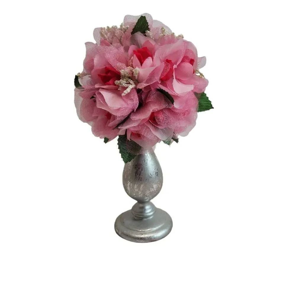 Pink floral arrangement in silver vase 8"